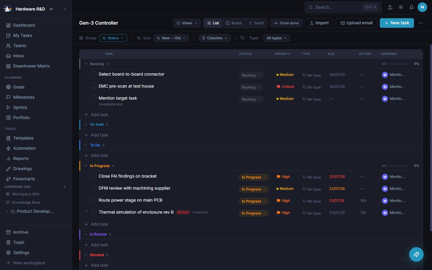 A Prism project in list view, grouped by status