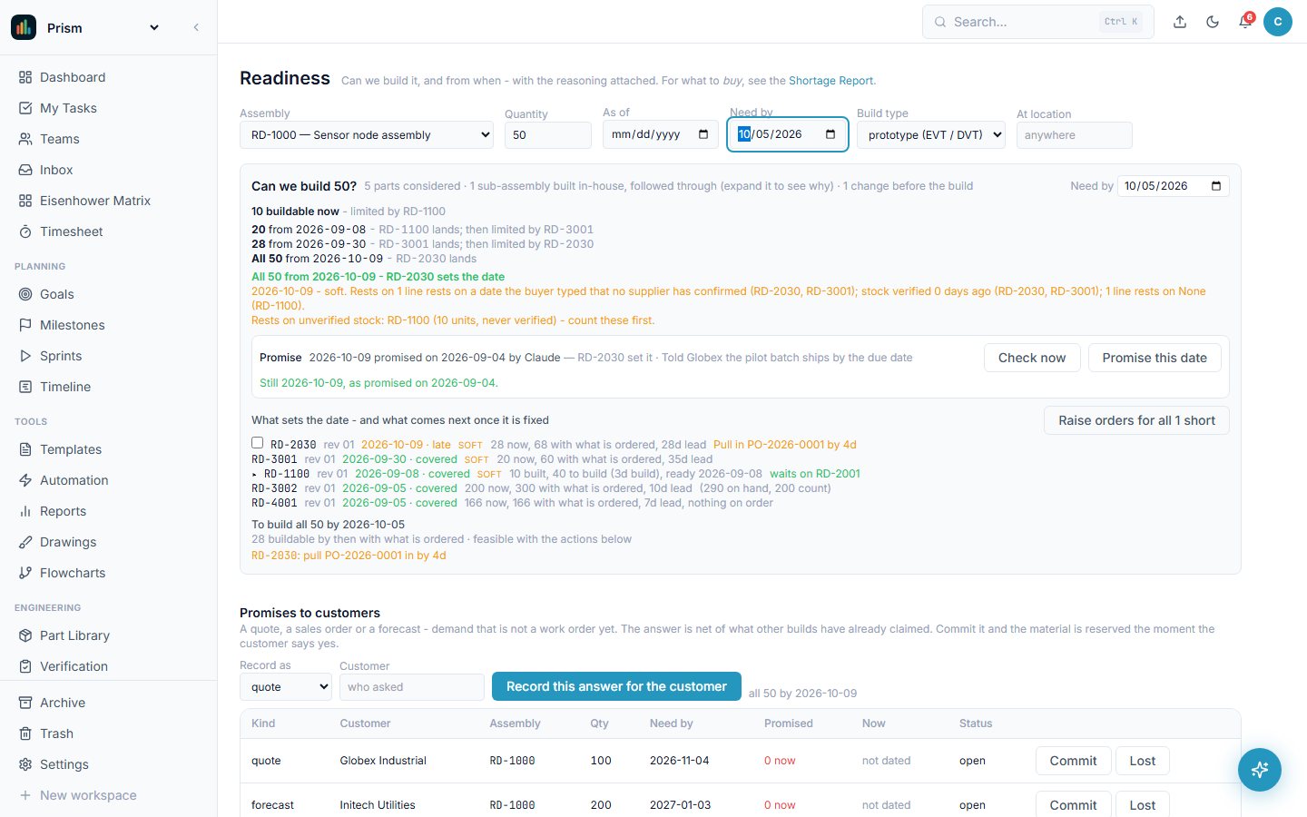 The Readiness page: how many can be built now, all of them by when, and the part that sets the date