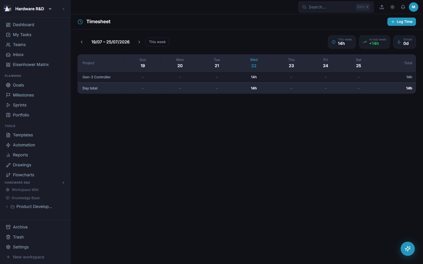 The weekly project by day timesheet grid